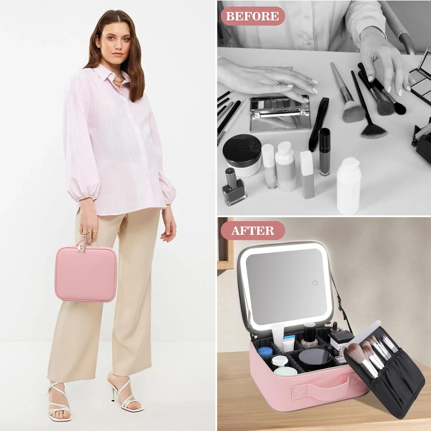 Makeup Bag With Mirror,Make up Bag With Mirror And Light,Travel Organizer Makeup,With 3 Colour light Settings and Lighted Makeup Case ,Travel Portable Storage Box,Adjustable Divider Makeup Bag(Pink)