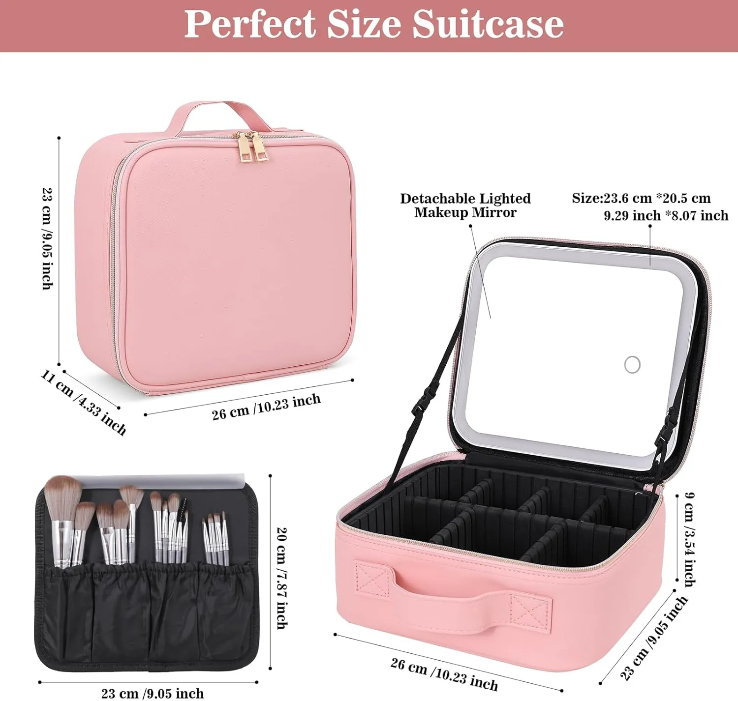 Makeup Bag With Mirror,Make up Bag With Mirror And Light,Travel Organizer Makeup,With 3 Colour light Settings and Lighted Makeup Case ,Travel Portable Storage Box,Adjustable Divider Makeup Bag(Pink)