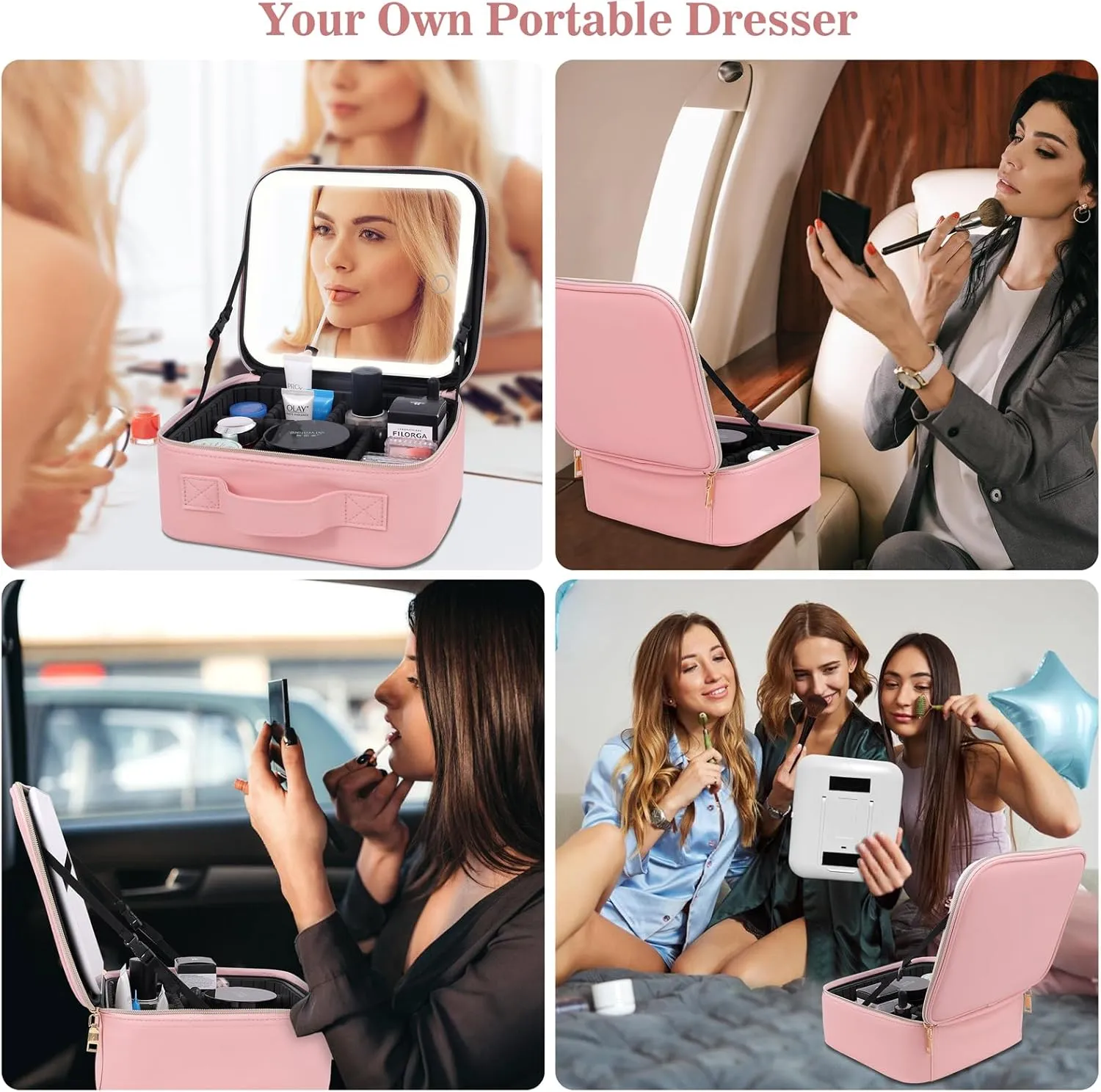 Makeup Bag With Mirror,Make up Bag With Mirror And Light,Travel Organizer Makeup,With 3 Colour light Settings and Lighted Makeup Case ,Travel Portable Storage Box,Adjustable Divider Makeup Bag(Pink)
