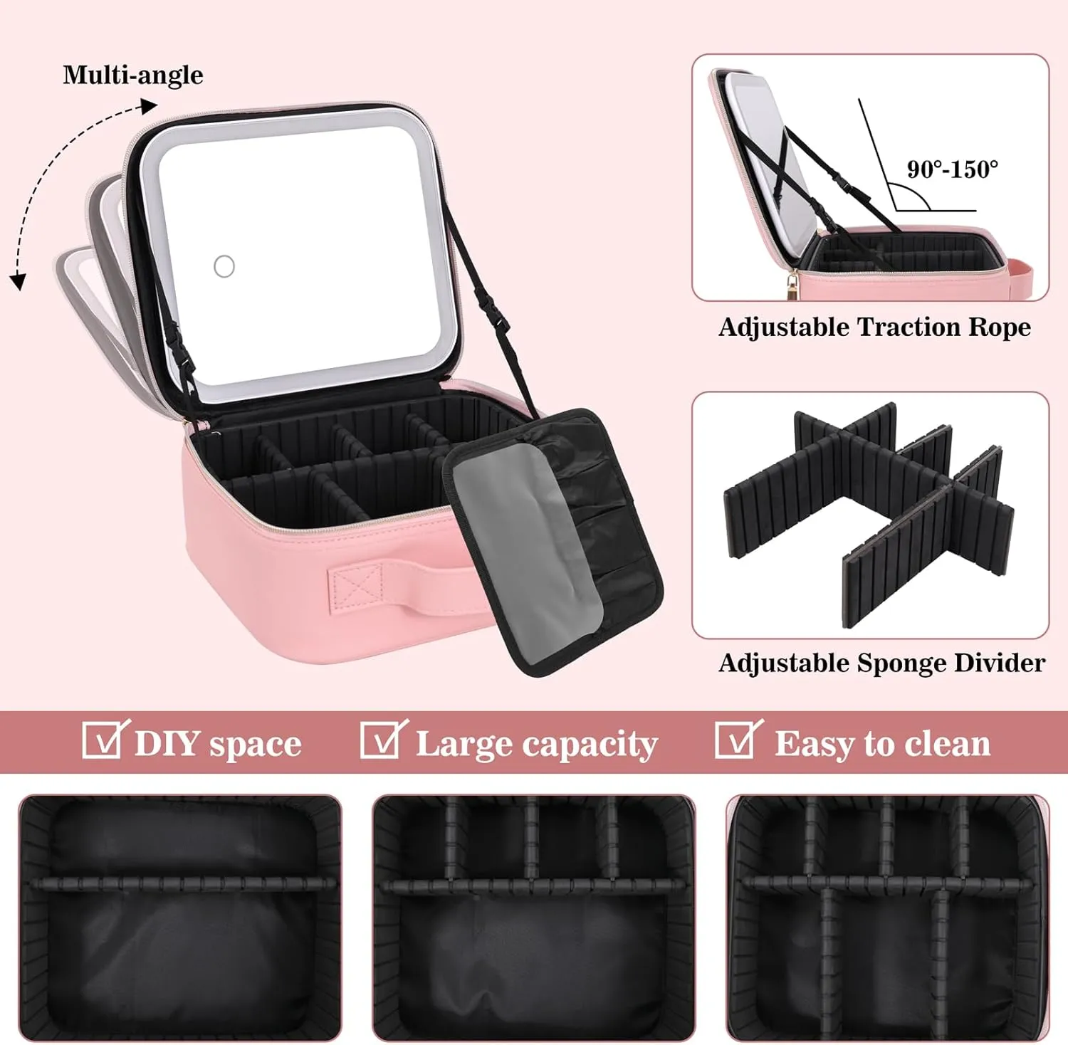 Makeup Bag With Mirror,Make up Bag With Mirror And Light,Travel Organizer Makeup,With 3 Colour light Settings and Lighted Makeup Case ,Travel Portable Storage Box,Adjustable Divider Makeup Bag(Pink)