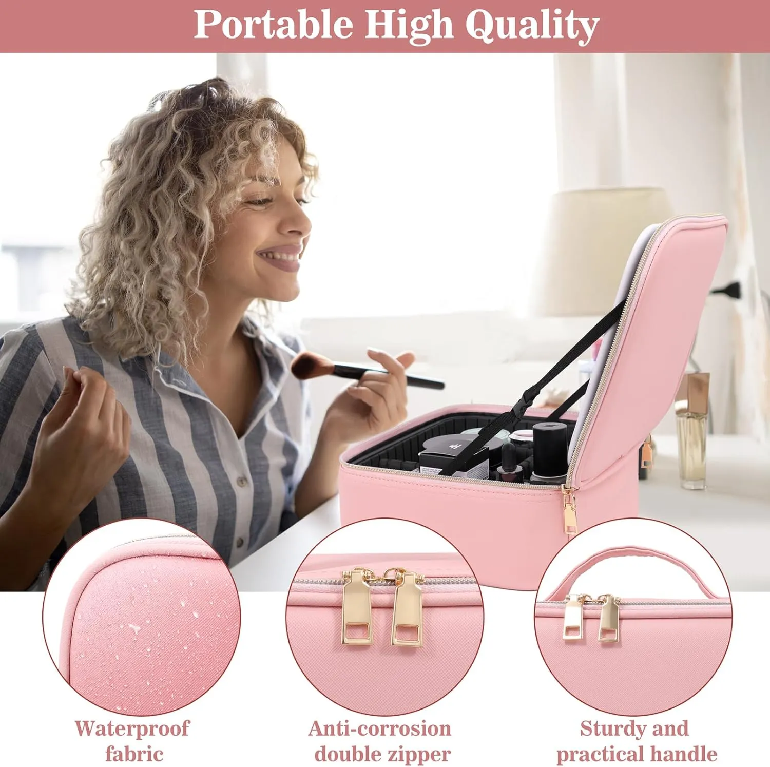 Makeup Bag With Mirror,Make up Bag With Mirror And Light,Travel Organizer Makeup,With 3 Colour light Settings and Lighted Makeup Case ,Travel Portable Storage Box,Adjustable Divider Makeup Bag(Pink)