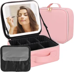 Makeup Bag With Mirror,Make up Bag With Mirror And Light,Travel Organizer Makeup,With 3 Colour light Settings and Lighted Makeup Case ,Travel Portable Storage Box,Adjustable Divider Makeup Bag(Pink)