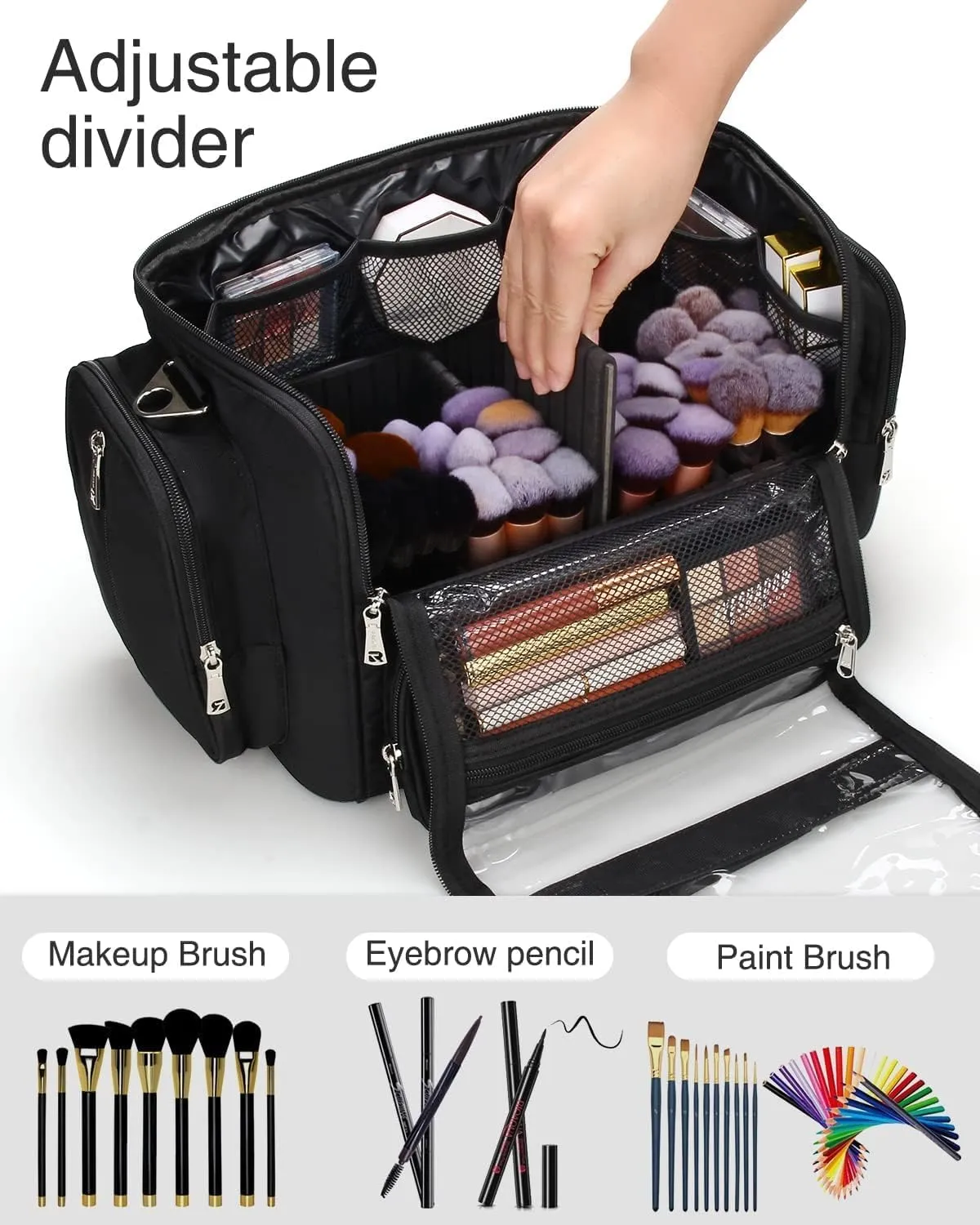 Makeup Brush Bag, Professional Makeup Case Extra Large Capacity Makeup Artist Bag Stand-up Cosmetic Bag Travel Makeup Brush Case with Shoulder Strap and Adjustable Divider