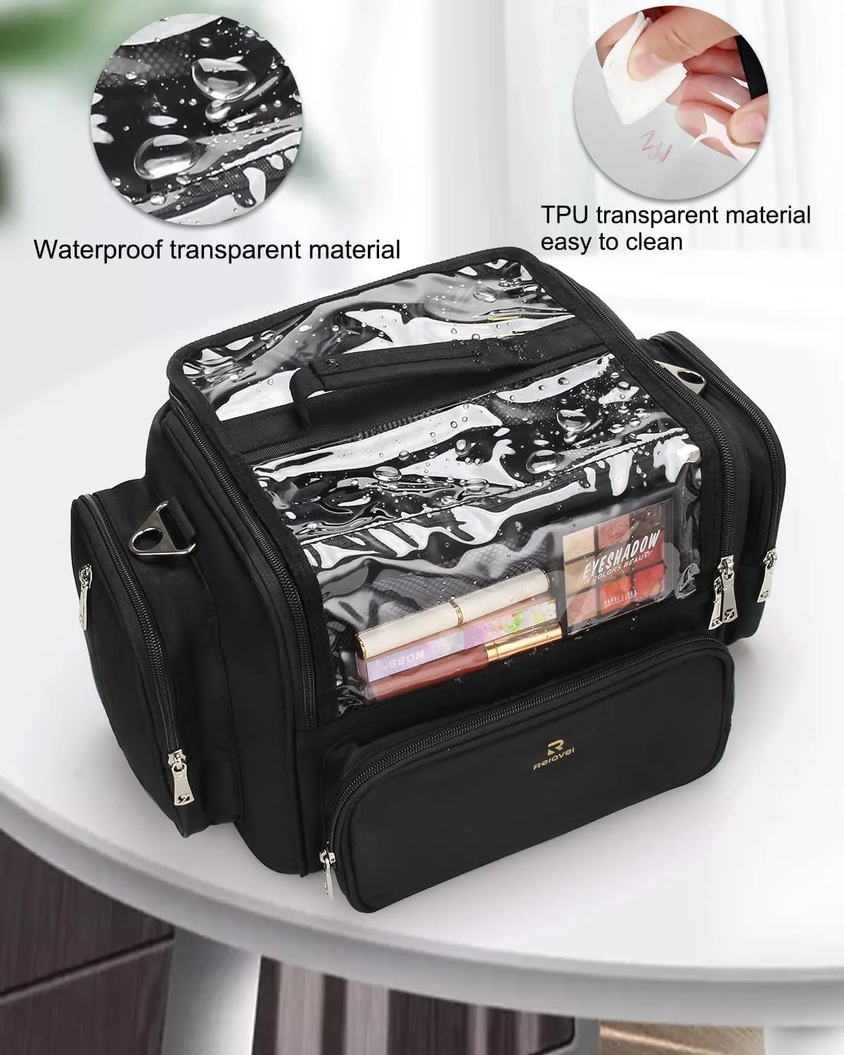 Makeup Brush Bag, Professional Makeup Case Extra Large Capacity Makeup Artist Bag Stand-up Cosmetic Bag Travel Makeup Brush Case with Shoulder Strap and Adjustable Divider
