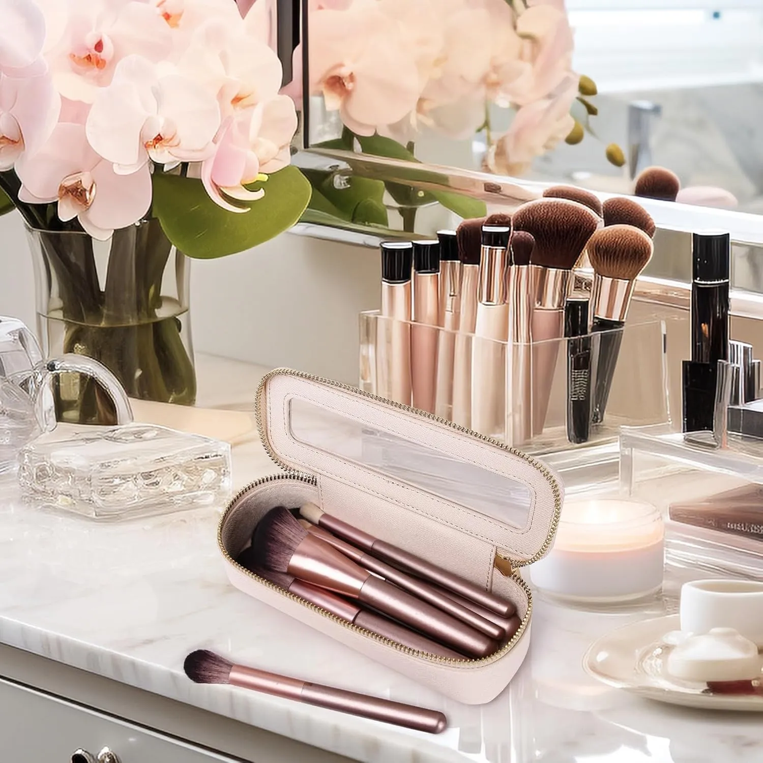 Makeup Brush Bag Slim Clear Makeup Bag Transparent Travel Cosmetic Case & Toiletry Bag with Zipper Small Beatuy Makeup Bag Purse Organizer for Women (Beige, SLIM)