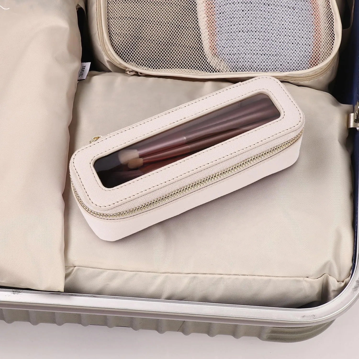 Makeup Brush Bag Slim Clear Makeup Bag Transparent Travel Cosmetic Case & Toiletry Bag with Zipper Small Beatuy Makeup Bag Purse Organizer for Women (Beige, SLIM)