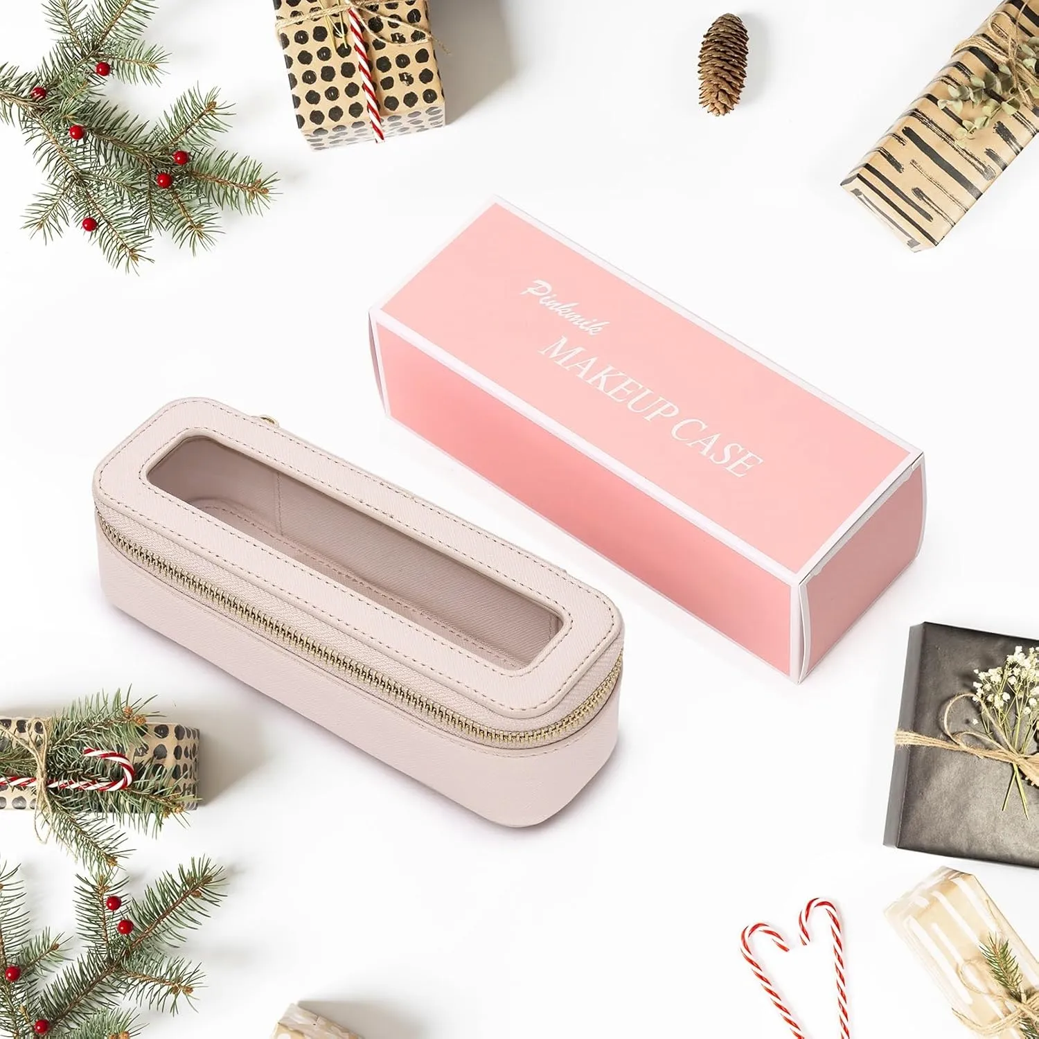 Makeup Brush Bag Slim Clear Makeup Bag Transparent Travel Cosmetic Case & Toiletry Bag with Zipper Small Beatuy Makeup Bag Purse Organizer for Women (Beige, SLIM)