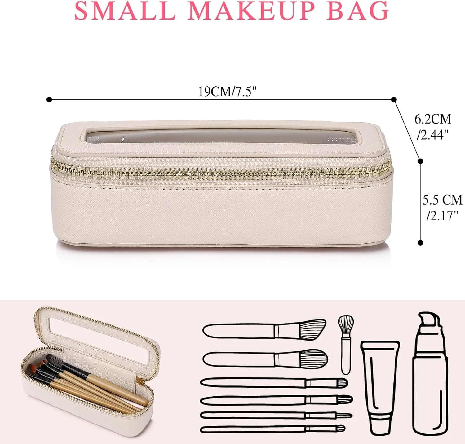 Makeup Brush Bag Slim Clear Makeup Bag Transparent Travel Cosmetic Case & Toiletry Bag with Zipper Small Beatuy Makeup Bag Purse Organizer for Women (Beige, SLIM)