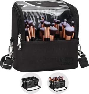 Makeup Brush Case Stand-up Makeup Cup Makeup Brush Holder Travel Professional Cosmetic Bag Artist Storage Bag Large Makeup Brush Bag with Adjustable Divider (Large, Black)