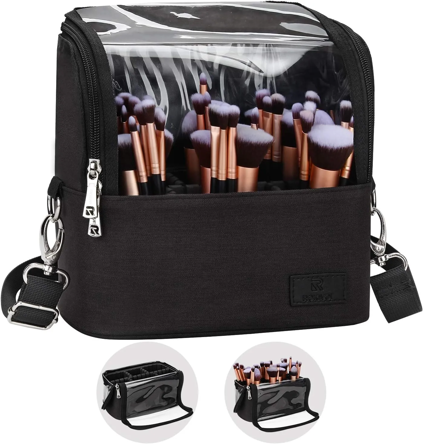 Makeup Brush Case Stand-up Makeup Cup Makeup Brush Holder Travel Professional Cosmetic Bag Artist Storage Bag Large Makeup Brush Bag with Adjustable Divider (Large, Black)