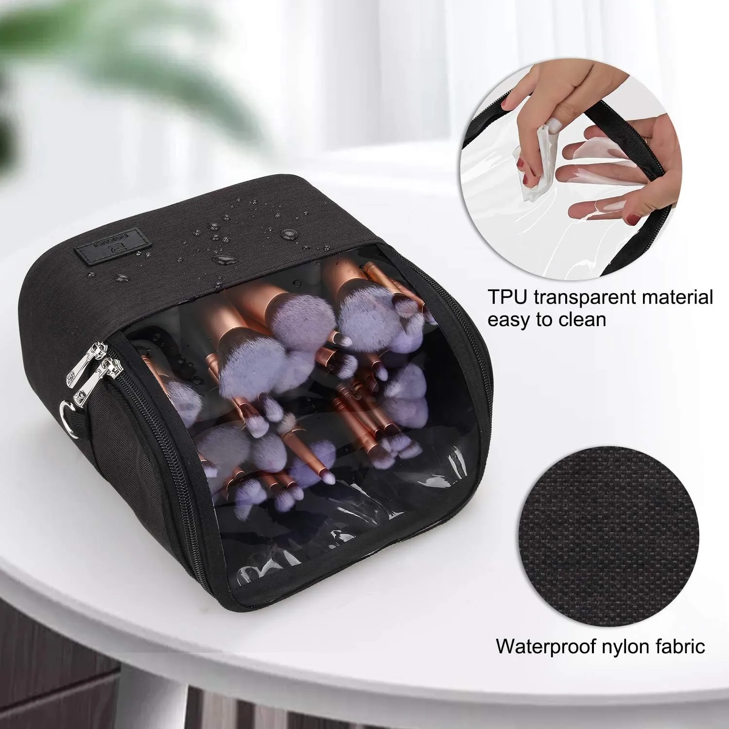 Makeup Brush Case Stand-up Makeup Cup Makeup Brush Holder Travel Professional Cosmetic Bag Artist Storage Bag Large Makeup Brush Bag with Adjustable Divider (Large, Black)