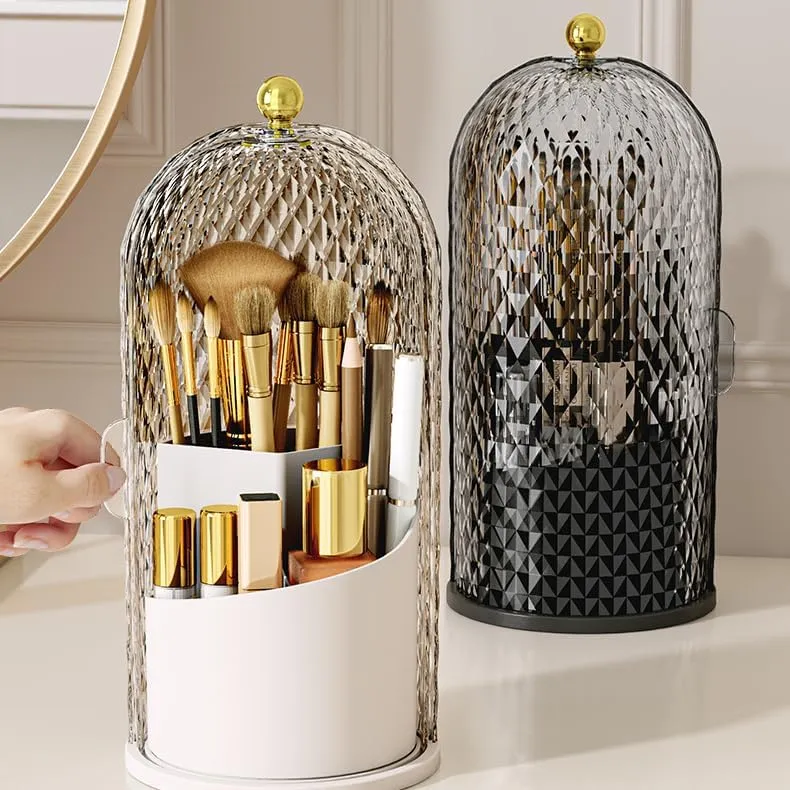 Makeup Brush Holder Organizer with 360° Rotating Lid Dustproof Makeup Brushes Organizer for Vanity Desktop Bathroom Countertop Clear Cover Easy Visibility (Black)
