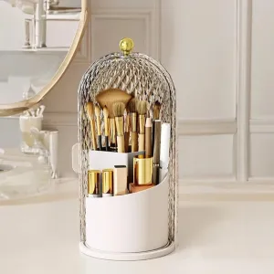 Makeup Brush Holder Organizer with 360° Rotating Lid Dustproof Makeup Brushes Organizer for Vanity Desktop Bathroom Countertop Clear Cover Easy Visibility (White)