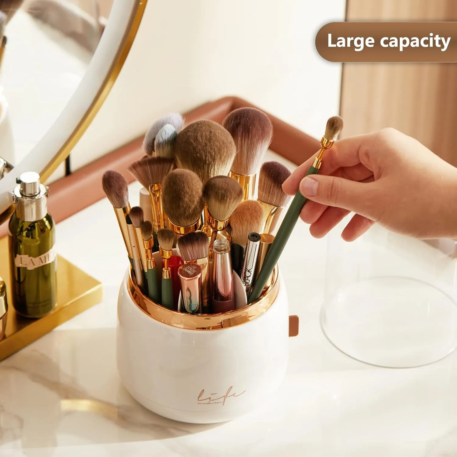 Makeup Brush Holder Organizer with Lid, Rotating Dustproof Make Up Brushes Organizer with Clear Acrylic Cover for Vanity Desktop Bathroom Countertop (white)