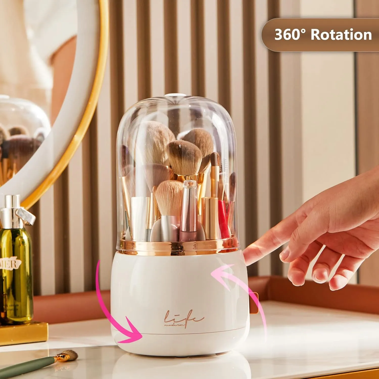 Makeup Brush Holder Organizer with Lid, Rotating Dustproof Make Up Brushes Organizer with Clear Acrylic Cover for Vanity Desktop Bathroom Countertop (white)