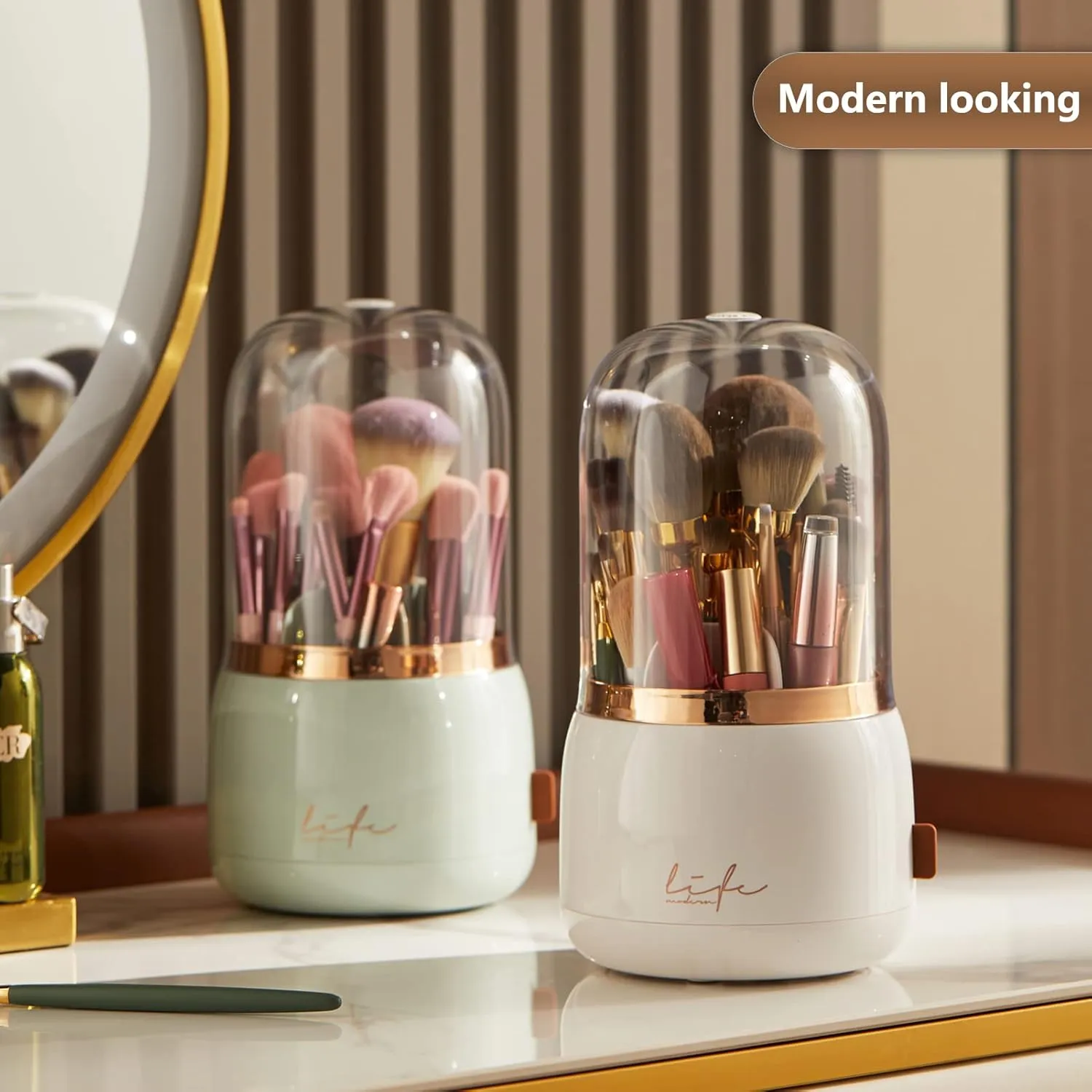 Makeup Brush Holder Organizer with Lid, Rotating Dustproof Make Up Brushes Organizer with Clear Acrylic Cover for Vanity Desktop Bathroom Countertop (white)