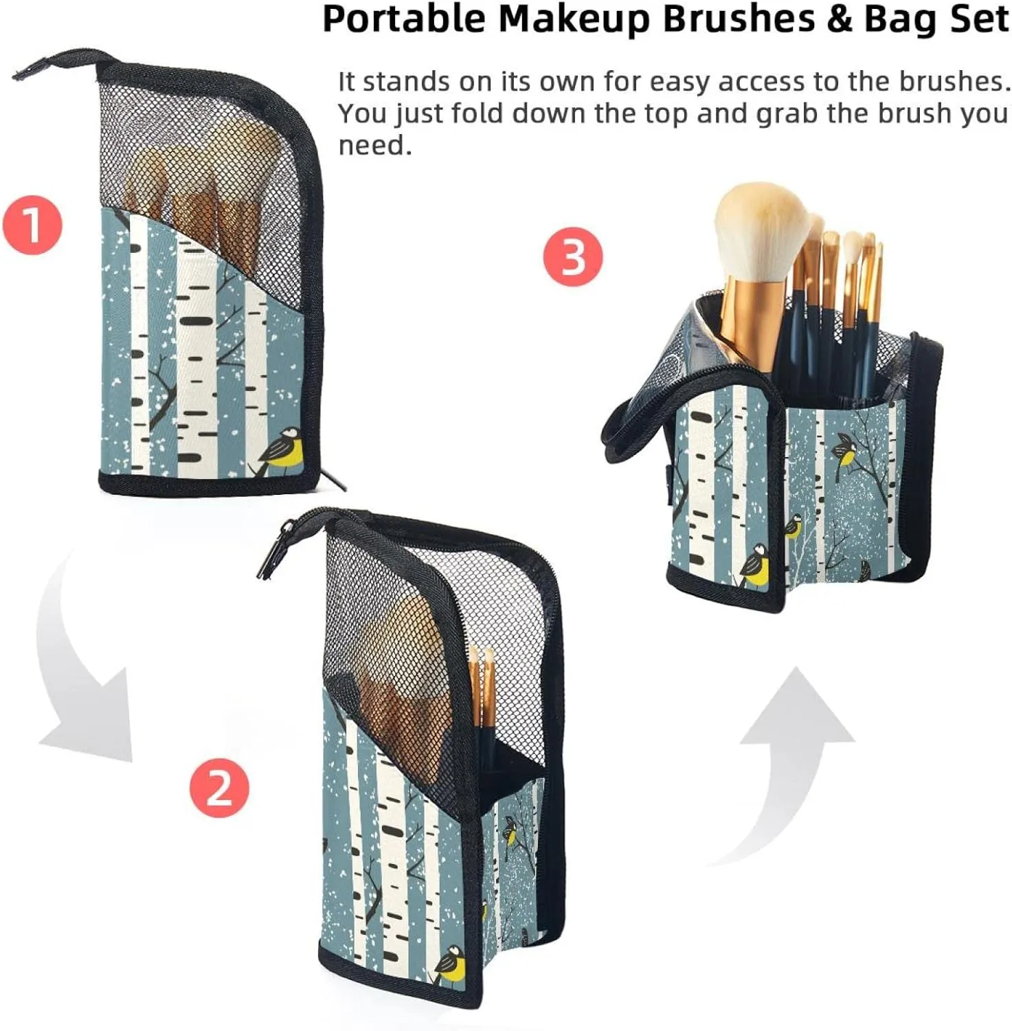 Makeup Brush Organizer Bag, Portable Travel Cosmetic Brush Case with 12 Makeup Brushes, Snowy Birch Trees and Birds on Blue Foldable Makeup Cup for brushes, Eyebrow Pencil