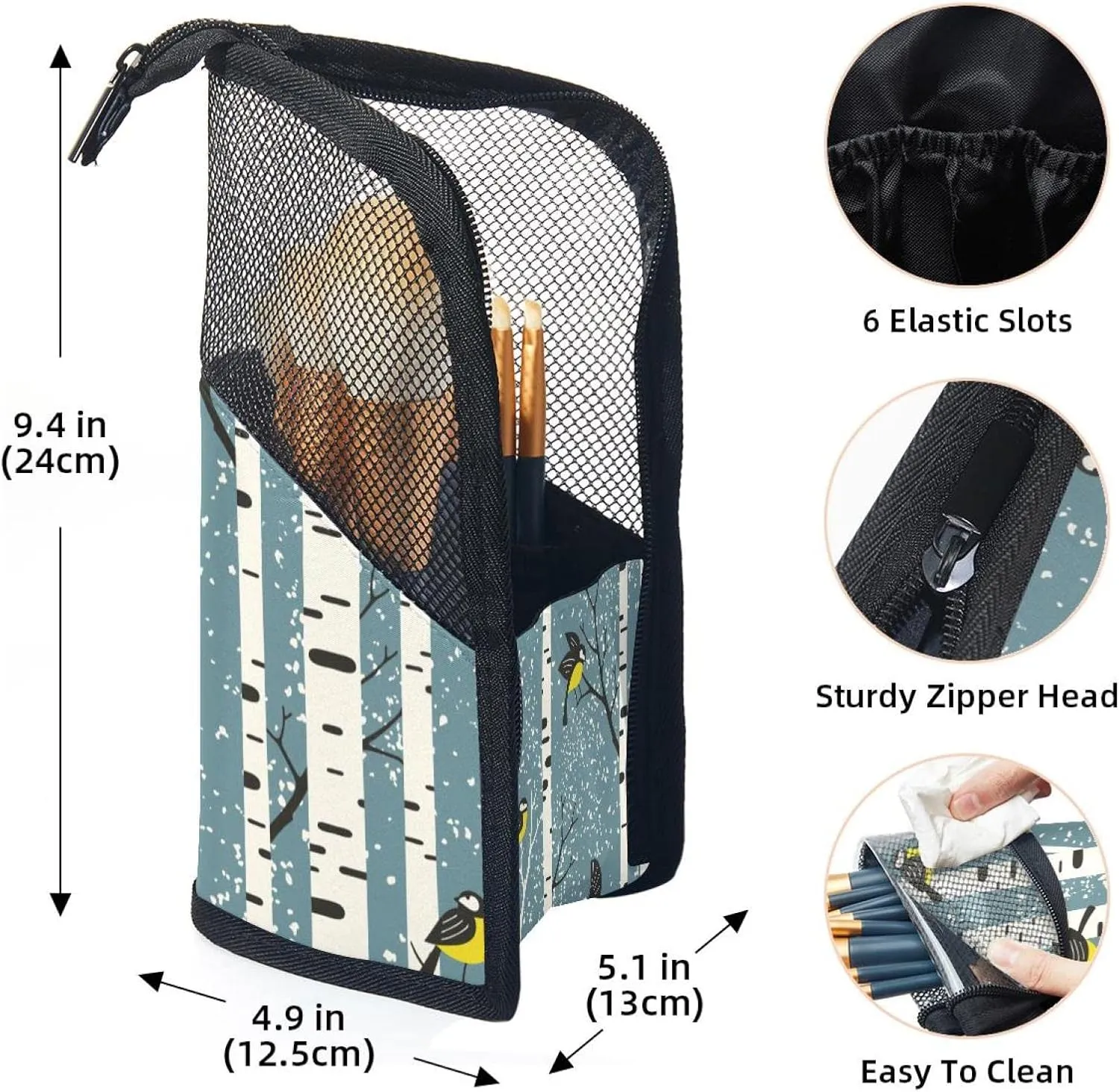 Makeup Brush Organizer Bag, Portable Travel Cosmetic Brush Case with 12 Makeup Brushes, Snowy Birch Trees and Birds on Blue Foldable Makeup Cup for brushes, Eyebrow Pencil