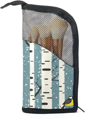 Makeup Brush Organizer Bag, Portable Travel Cosmetic Brush Case with 12 Makeup Brushes, Snowy Birch Trees and Birds on Blue Foldable Makeup Cup for brushes, Eyebrow Pencil
