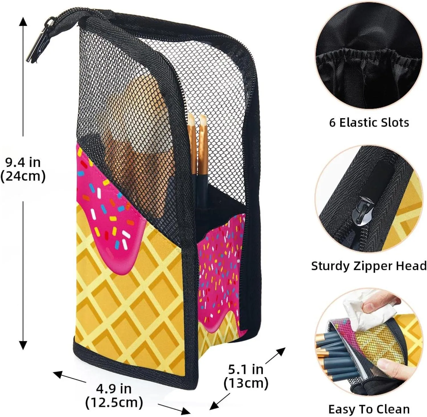 Makeup Brush Organizer Bag, Portable Travel Cosmetic Brush Case with 12 Makeup Brushes, Strawberry Ice Cream Melted and Topping on Waffle Foldable Makeup Cup for brushes, Eyebrow Pencil