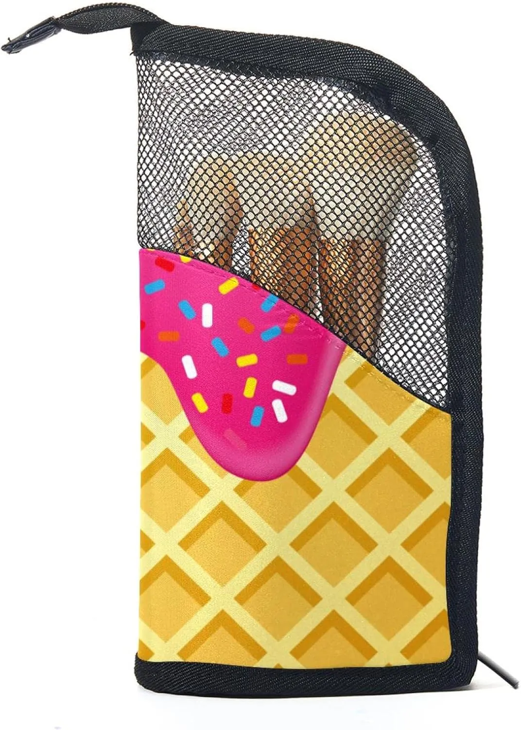 Makeup Brush Organizer Bag, Portable Travel Cosmetic Brush Case with 12 Makeup Brushes, Strawberry Ice Cream Melted and Topping on Waffle Foldable Makeup Cup for brushes, Eyebrow Pencil