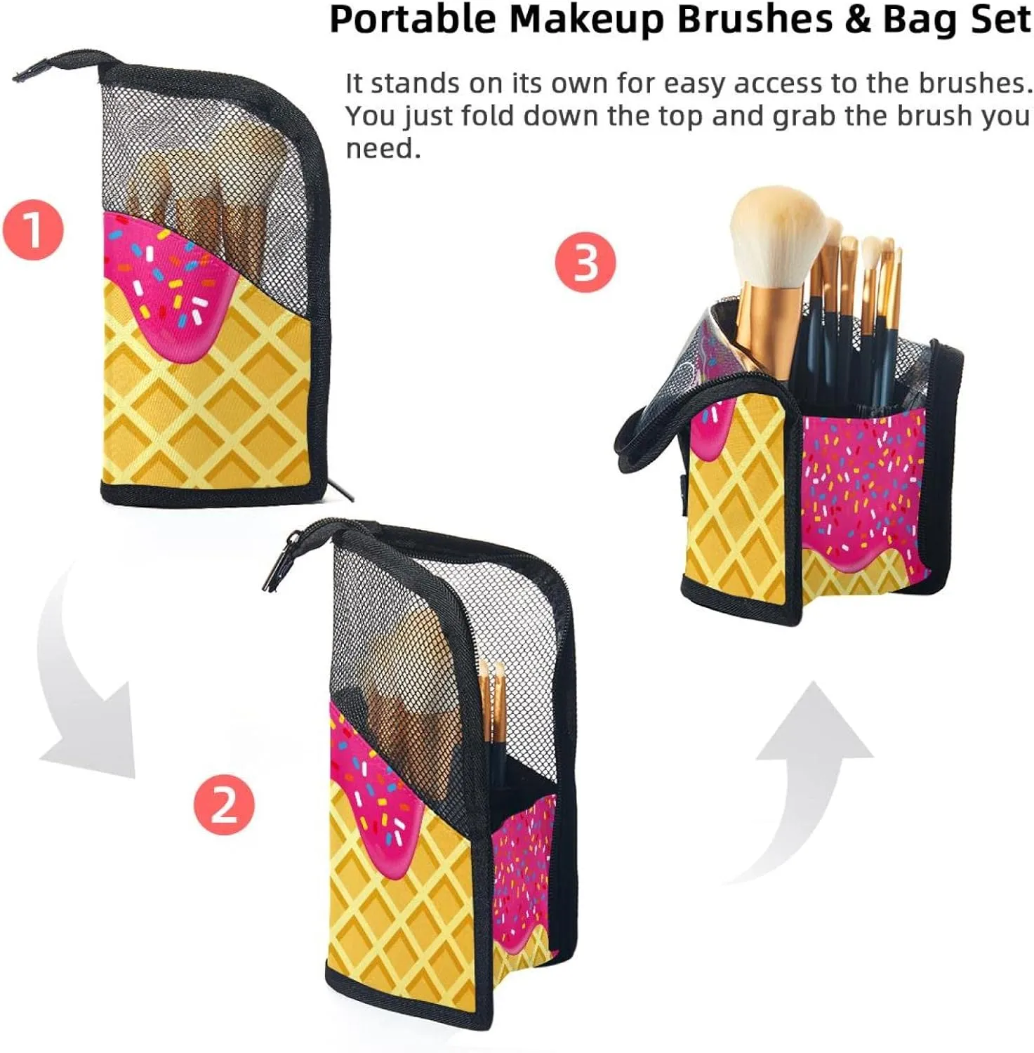 Makeup Brush Organizer Bag, Portable Travel Cosmetic Brush Case with 12 Makeup Brushes, Strawberry Ice Cream Melted and Topping on Waffle Foldable Makeup Cup for brushes, Eyebrow Pencil