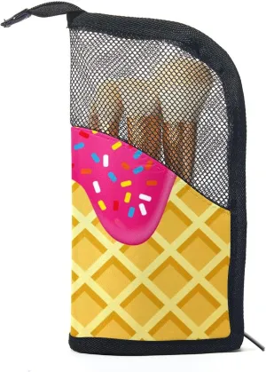 Makeup Brush Organizer Bag, Portable Travel Cosmetic Brush Case with 12 Makeup Brushes, Strawberry Ice Cream Melted and Topping on Waffle Foldable Makeup Cup for brushes, Eyebrow Pencil
