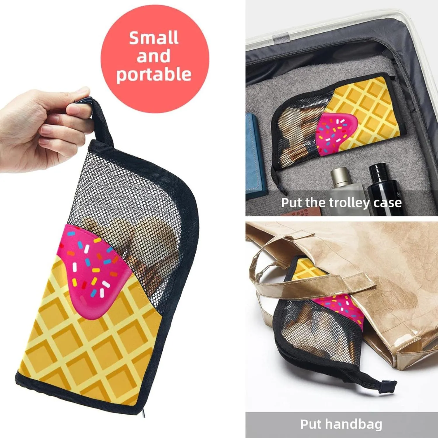 Makeup Brush Organizer Bag, Portable Travel Cosmetic Brush Case with 12 Makeup Brushes, Strawberry Ice Cream Melted and Topping on Waffle Foldable Makeup Cup for brushes, Eyebrow Pencil