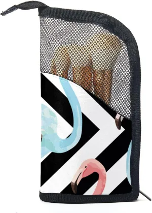 Makeup Brush Organizer Bag, Portable Travel Cosmetic Brush Case with 12 Makeup Brushes, Watercolor Flamingo Black Stripes Background Foldable Makeup Cup for brushes, Eyebrow Pencil