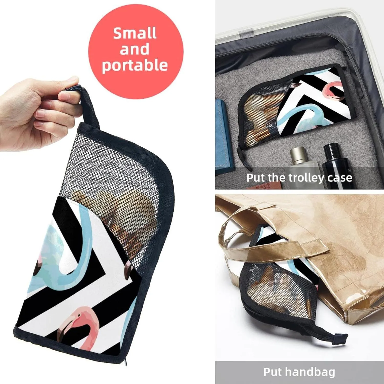 Makeup Brush Organizer Bag, Portable Travel Cosmetic Brush Case with 12 Makeup Brushes, Watercolor Flamingo Black Stripes Background Foldable Makeup Cup for brushes, Eyebrow Pencil