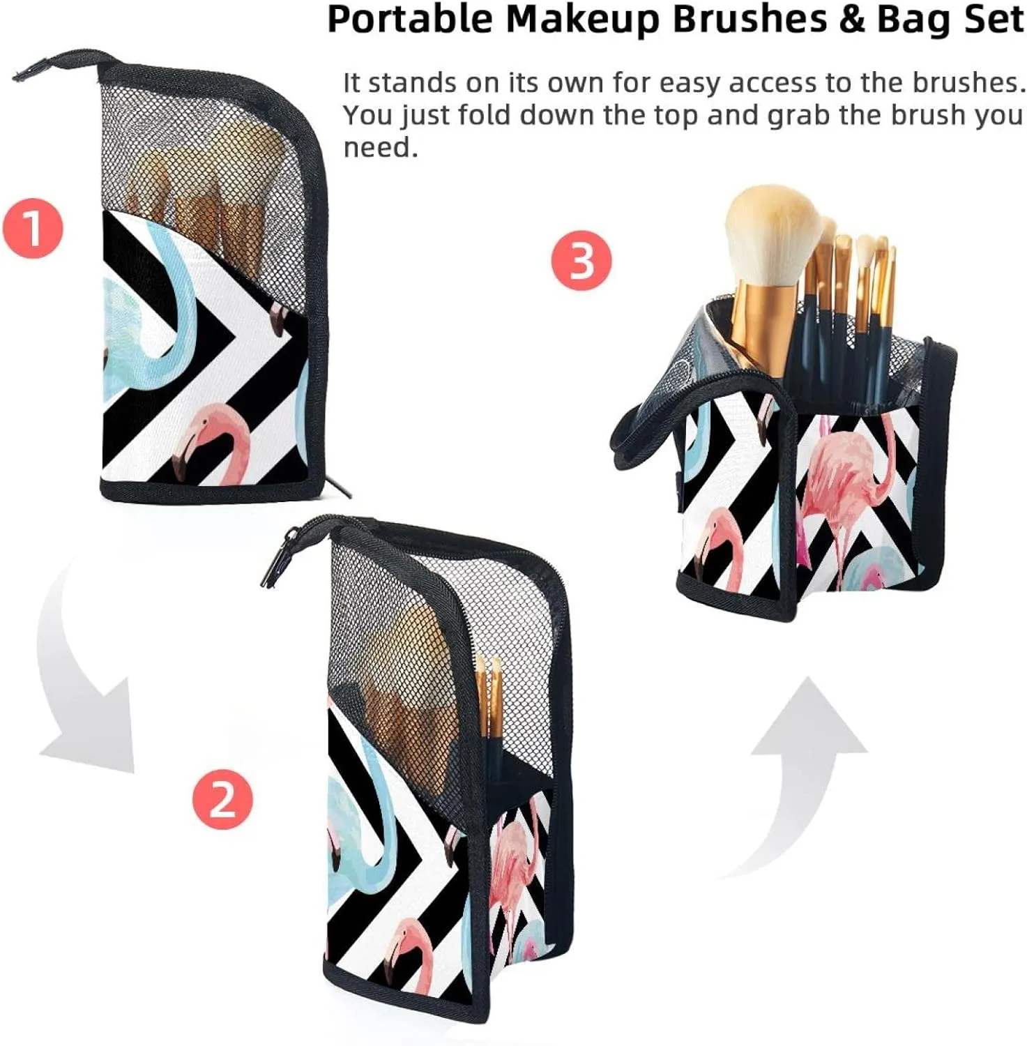 Makeup Brush Organizer Bag, Portable Travel Cosmetic Brush Case with 12 Makeup Brushes, Watercolor Flamingo Black Stripes Background Foldable Makeup Cup for brushes, Eyebrow Pencil