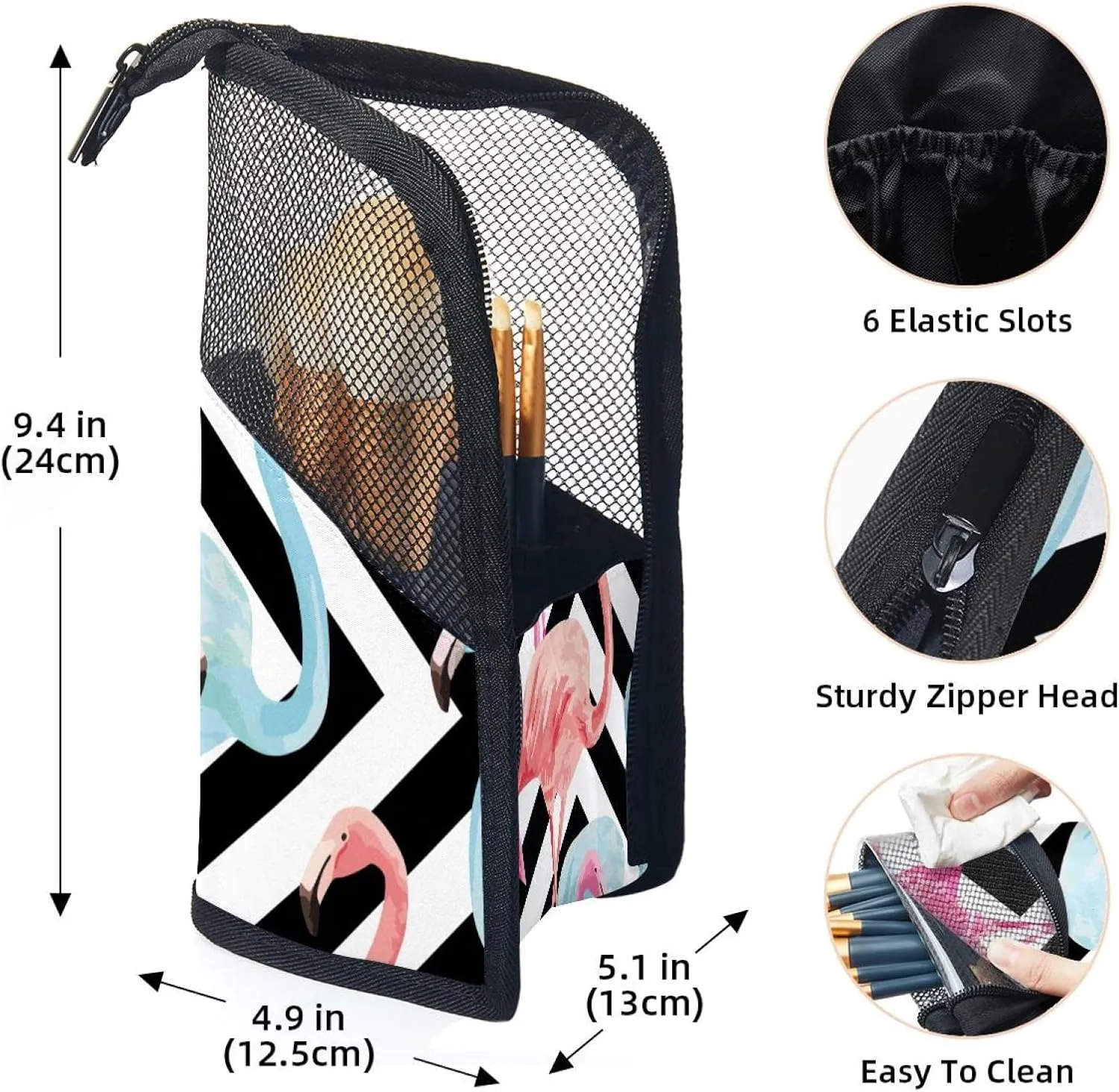 Makeup Brush Organizer Bag, Portable Travel Cosmetic Brush Case with 12 Makeup Brushes, Watercolor Flamingo Black Stripes Background Foldable Makeup Cup for brushes, Eyebrow Pencil