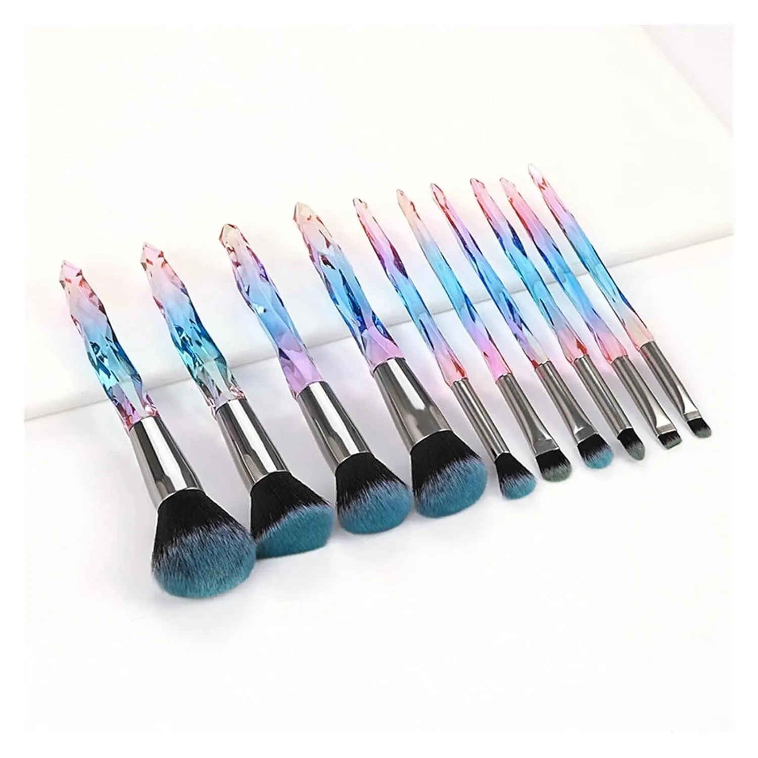 Makeup Brush Set 10Pcs Crystal Eyebrow Shadow Lip Pencil Blush Cosmetic Brushes Transparent Diamond Handle Novice Beauty Tools(Blue)