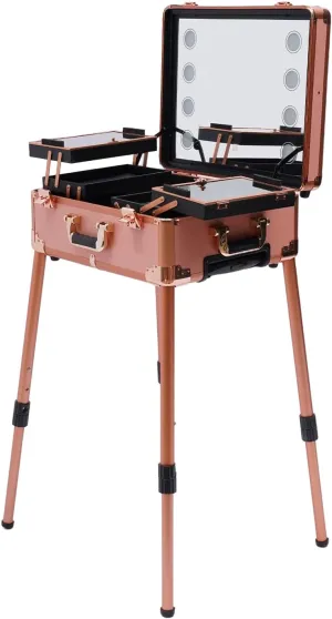 Makeup Case Professional Cosmetic Train Table with 4 Rolling Wheels Adjustable Legs Makeup Train Case with LED Lights & Mirror Rolling Makeup Train Case with Locks Cosmetic Trolley Makeup Storage Organizer (Rose Gold)