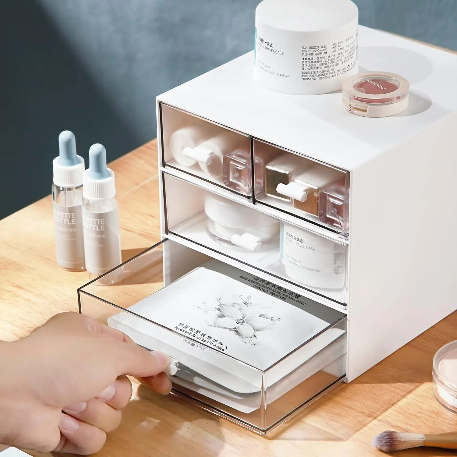 Makeup / Desk Organizer with 4 Drawers, Sundries Vanity Organizer, Cosmetic Organizer, Desk Storage Box, Bathroom Counter or Dresser, White QBH-4CT-1