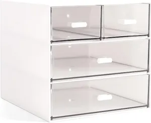 Makeup / Desk Organizer with 4 Drawers, Sundries Vanity Organizer, Cosmetic Organizer, Desk Storage Box, Bathroom Counter or Dresser, White QBH-4CT-1