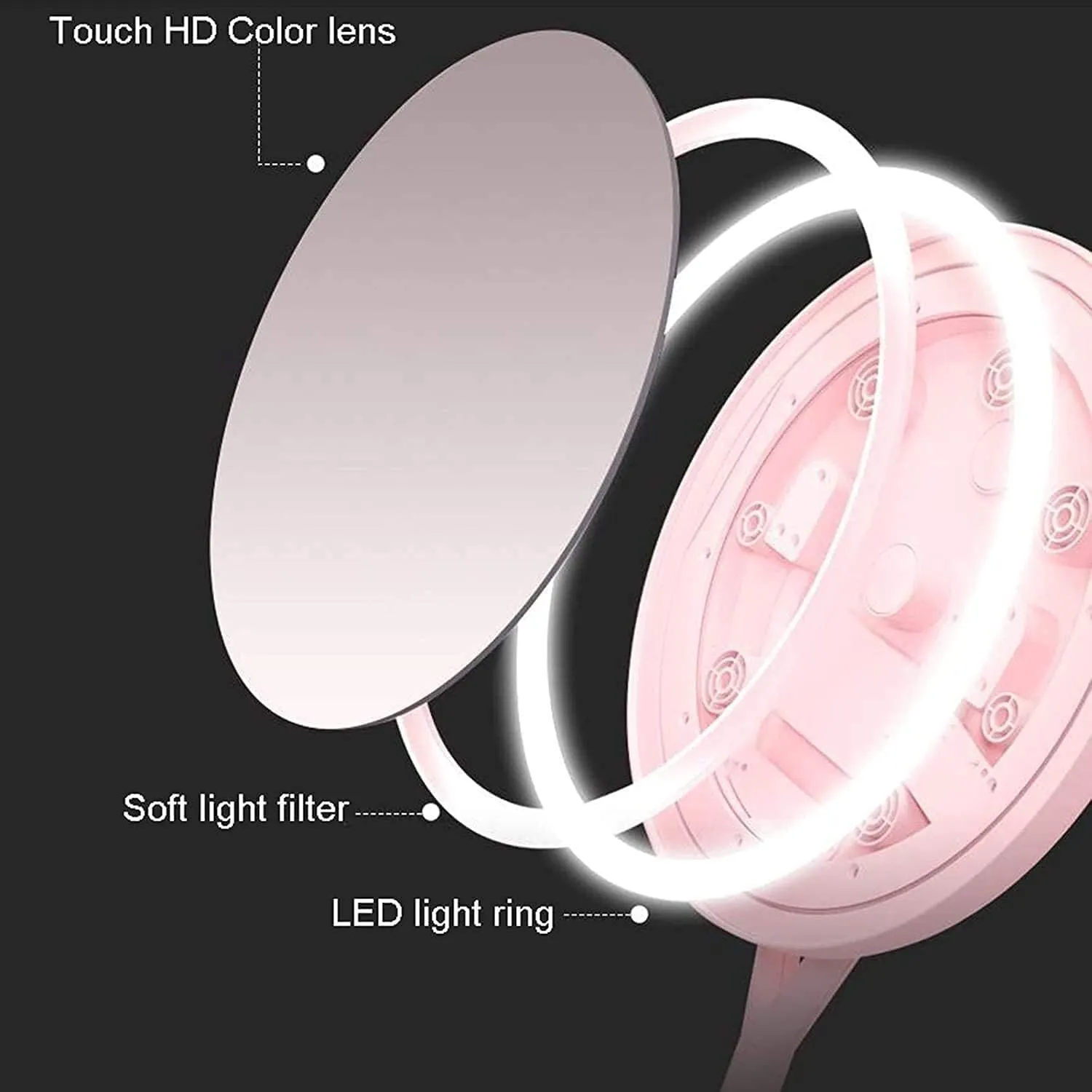 Makeup Mirror, 360 Degree Swivel Magnifying Mirror with Dimmable Touch Screen, Portable Tabletop Illuminated Mirrors .(Pink)