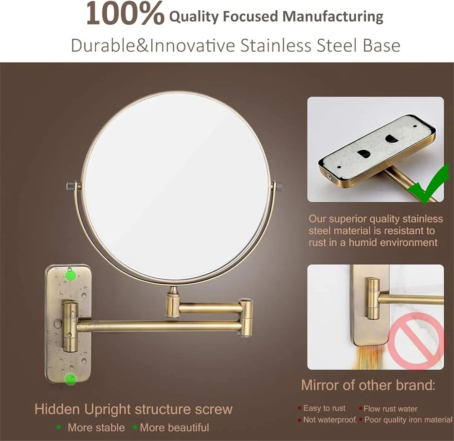 Makeup Mirror, 8 inch Double Sided Shaving Magnifying Mirror, Adjustable Wall Mounted Bathroom Swivel Folding Cosmetic Vanity Mirrors,Black,7X(Brass,7X)