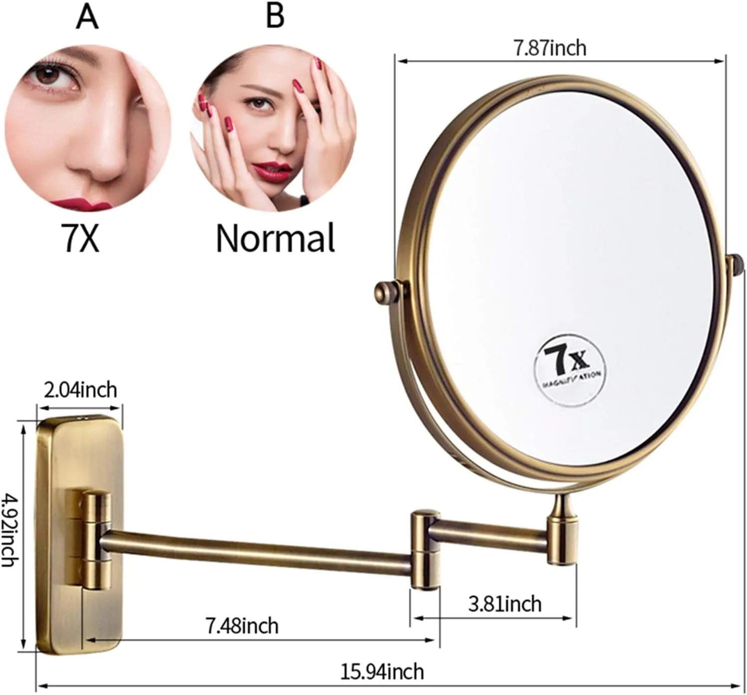 Makeup Mirror, 8 inch Double Sided Shaving Magnifying Mirror, Adjustable Wall Mounted Bathroom Swivel Folding Cosmetic Vanity Mirrors,Black,7X(Brass,7X)