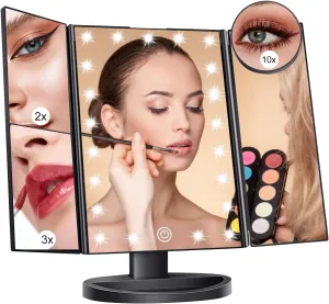 Makeup Mirror Vanity Mirror with Lights, 2X 3X 10X Magnification, Trifold Lighted Makeup Mirror, Touch Control, Dual Power Supply, Portable LED Vanity Mirror for Women Gift - Black