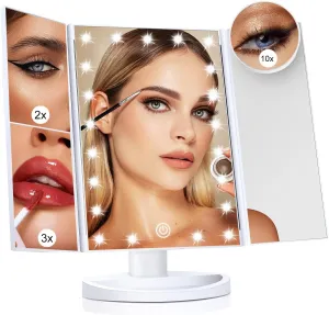 Makeup Mirror Vanity Mirror with Lights, 2X 3X 10X Magnification, Trifold Lighted Makeup Mirror, Touch Control, Dual Power Supply, Portable LED Vanity Mirror for Women Gift - White