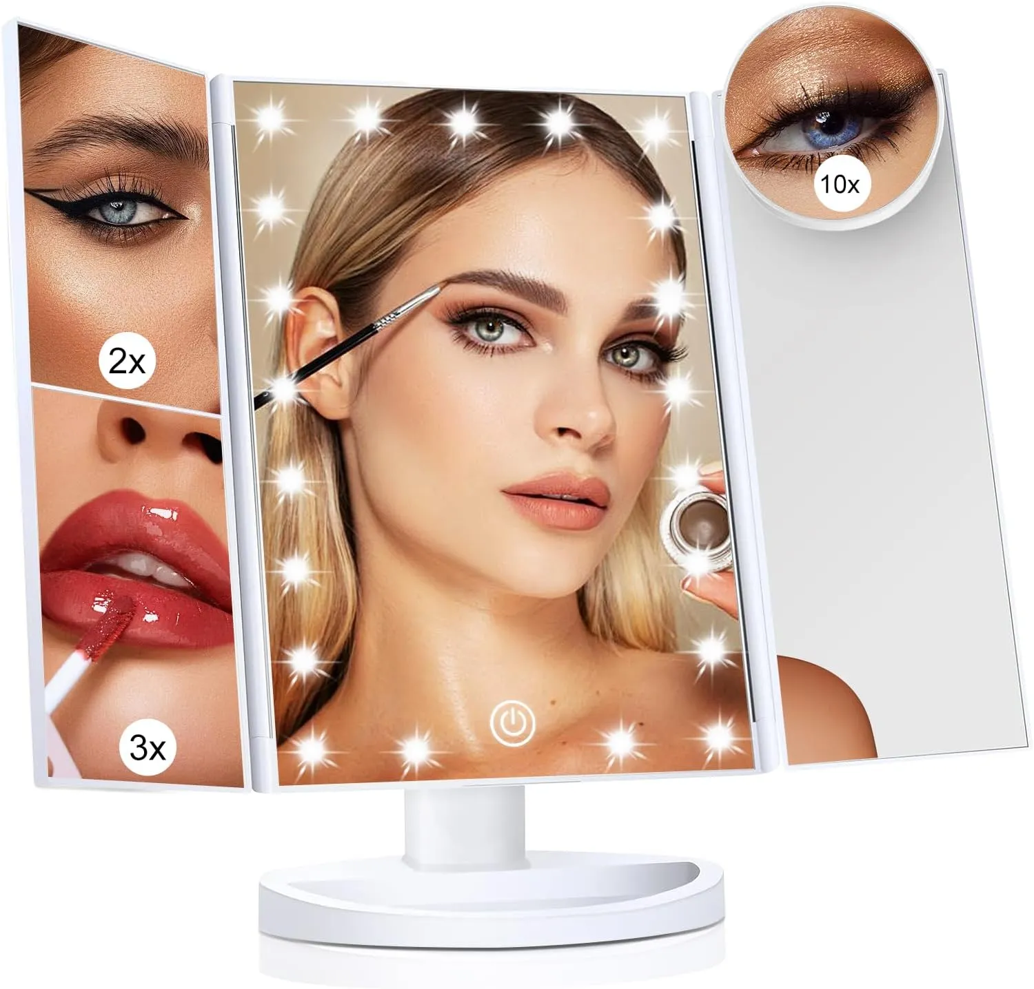 Makeup Mirror Vanity Mirror with Lights, 2X 3X 10X Magnification, Trifold Lighted Makeup Mirror, Touch Control, Dual Power Supply, Portable LED Vanity Mirror for Women Gift - White