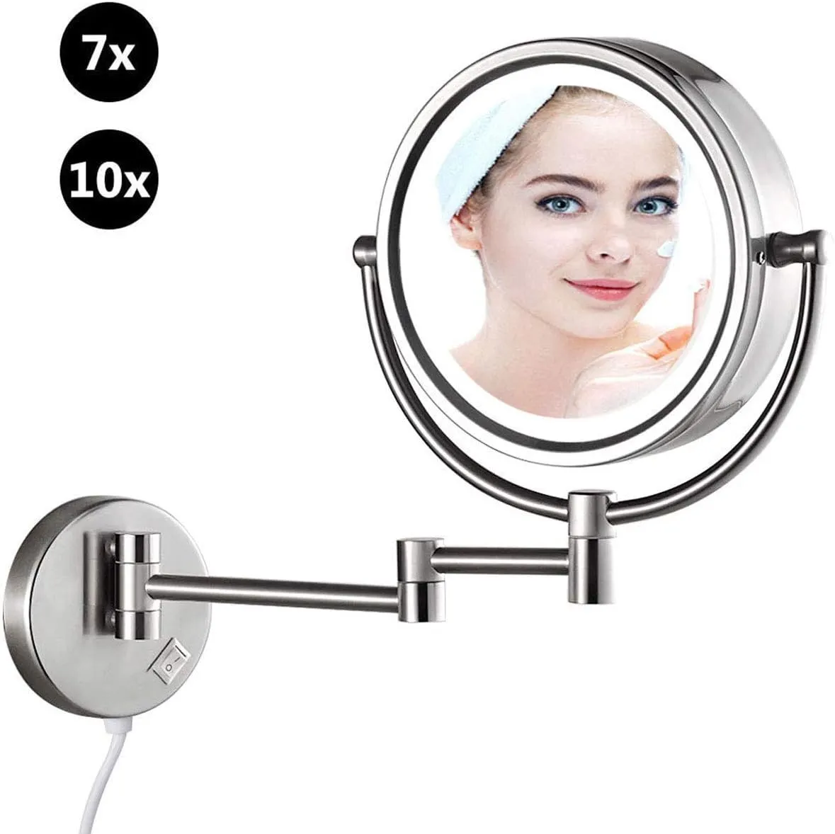 Makeup Mirror Wall Mounted Round Bathroom Mirror, 360 Rotation Elegant Design Would Be Suitable for Any Family(Nickel,7X)