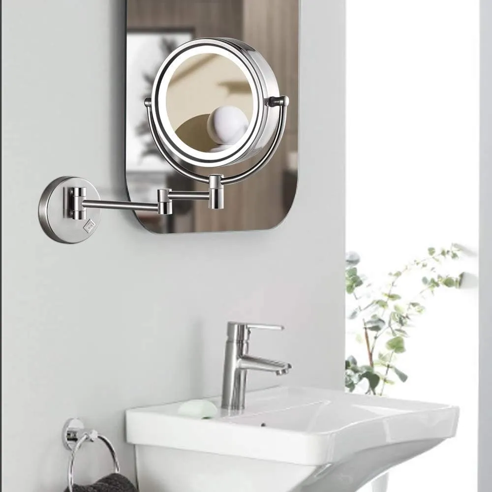 Makeup Mirror Wall Mounted Round Bathroom Mirror, 360 Rotation Elegant Design Would Be Suitable for Any Family(Nickel,7X)