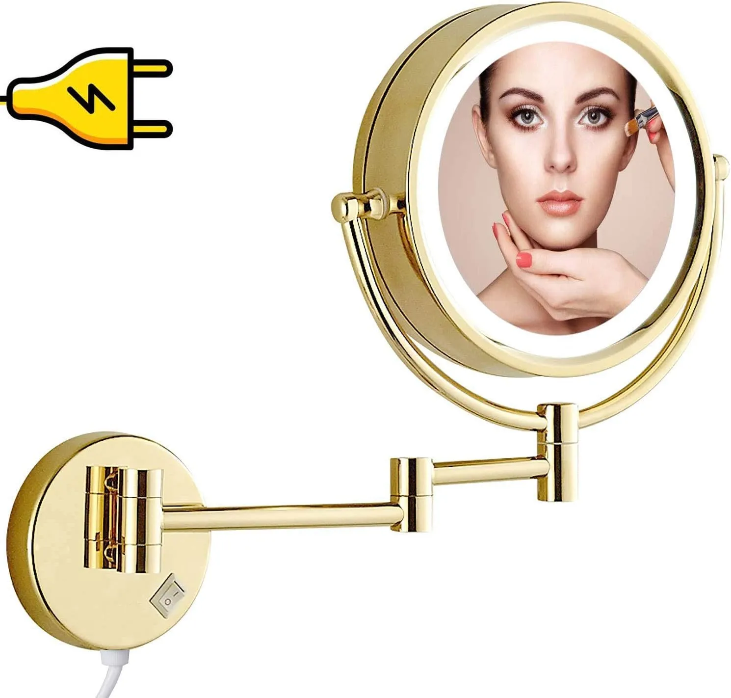 Makeup Mirror Wall Mounted with Led Lights, Bathroom Magnification Mirror, 8.6inch- 360 Rotation, for Makeup, Shaving(Gold,7X)