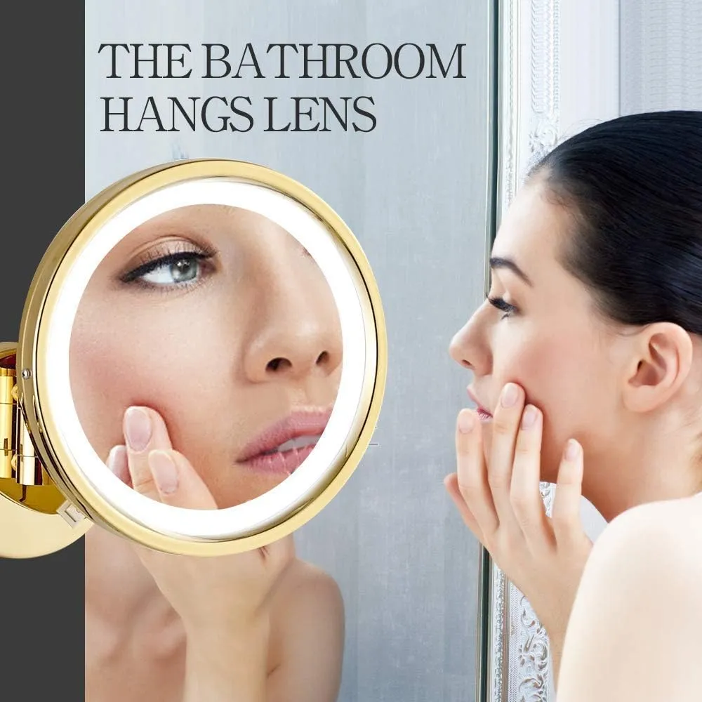 Makeup Mirror Wall Mounted with Led Lights, Bathroom Magnification Mirror, 8.6inch- 360 Rotation, for Makeup, Shaving(Gold,7X)