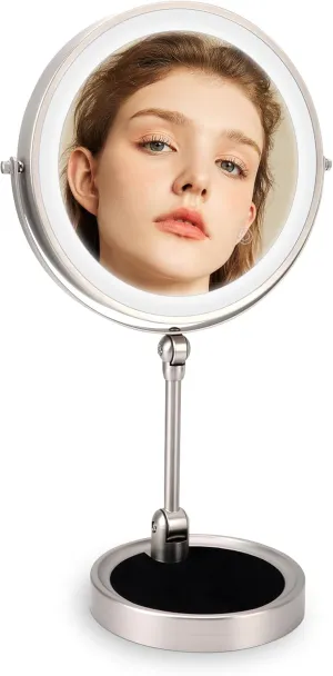 Makeup Mirror with Light, 9 Inch Foldable Magnifying Vanity Mirror Double Sided 360 Degree Rotation Cosmetic Mirror with 3 Colors, LED Light, Touch Control for Home Travel