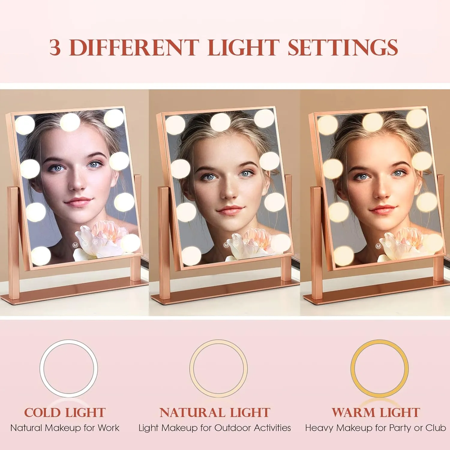 Makeup Mirror with Lights, Hollywood Mirror Lighted Vanity Mirror with 9 LED Bulbs, Touch Control Design 3 Colors Dimmable Bulbs Detachable 10X Magnification 360°Rotation(Rose Pink)