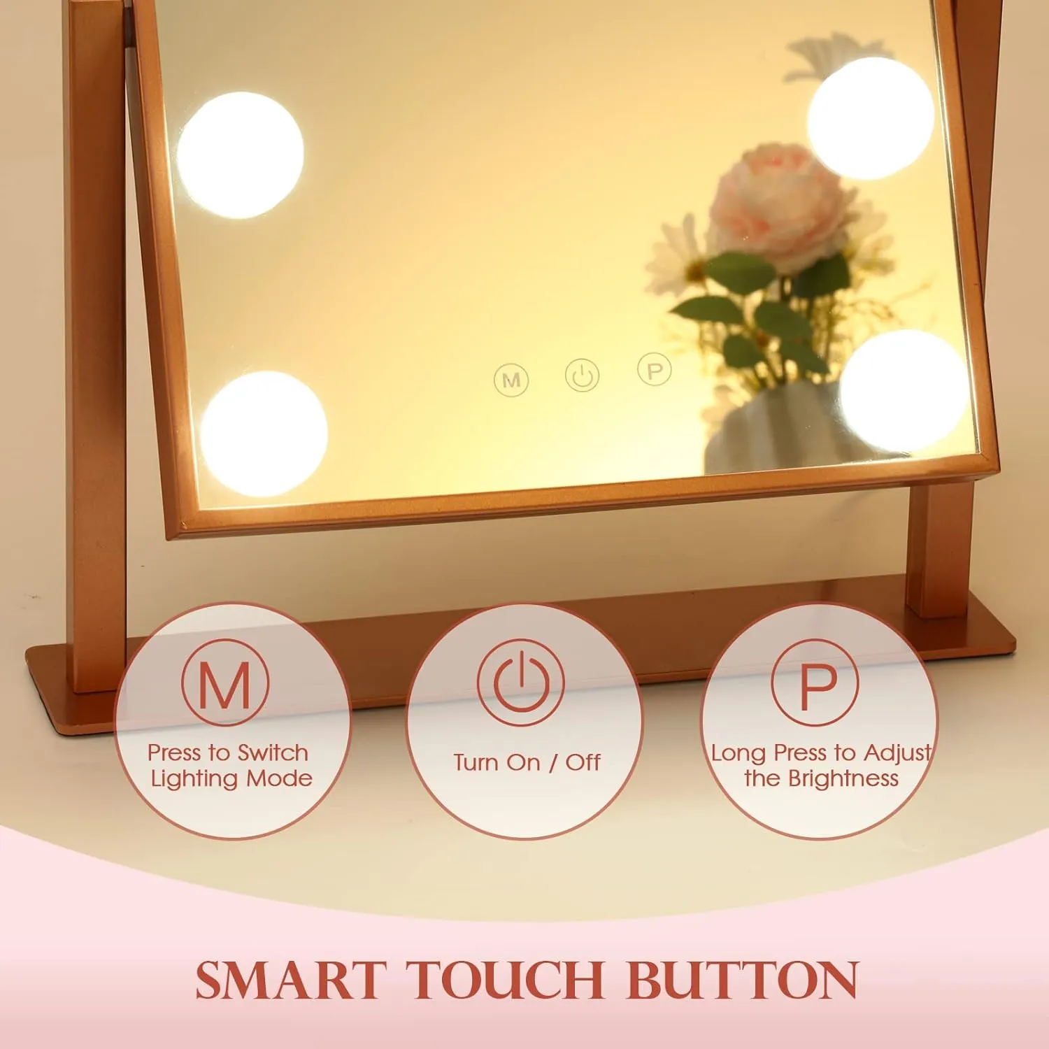Makeup Mirror with Lights, Hollywood Mirror Lighted Vanity Mirror with 9 LED Bulbs, Touch Control Design 3 Colors Dimmable Bulbs Detachable 10X Magnification 360°Rotation(Rose Pink)