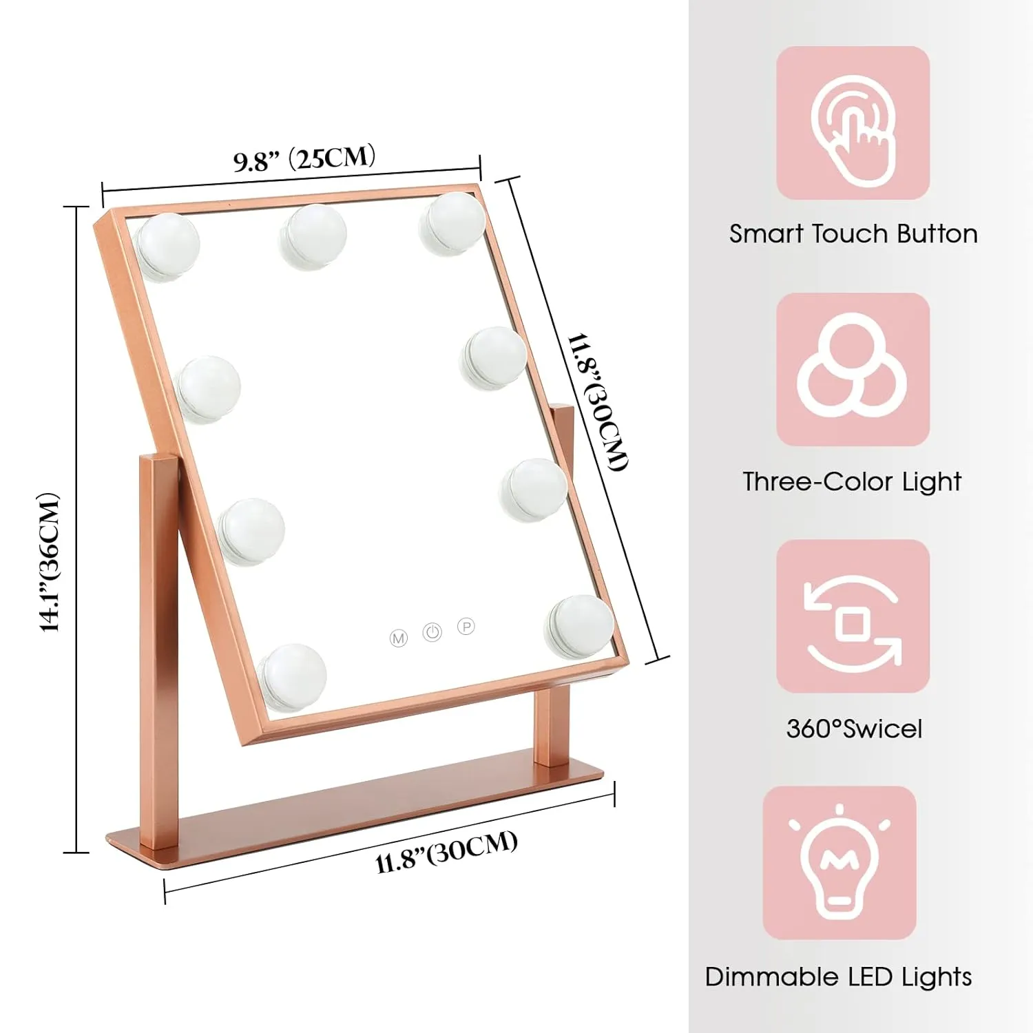 Makeup Mirror with Lights, Hollywood Mirror Lighted Vanity Mirror with 9 LED Bulbs, Touch Control Design 3 Colors Dimmable Bulbs Detachable 10X Magnification 360°Rotation(Rose Pink)